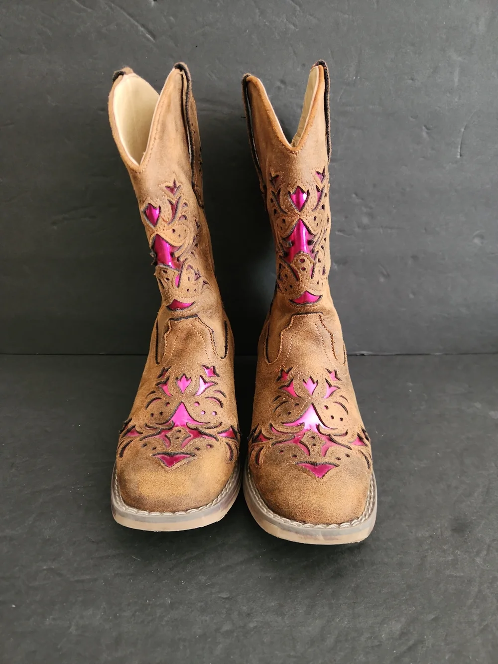 Roper Cowgirl Boots Size 2 Kids Pink Metallic Peeking Thru Faux Suede Girls